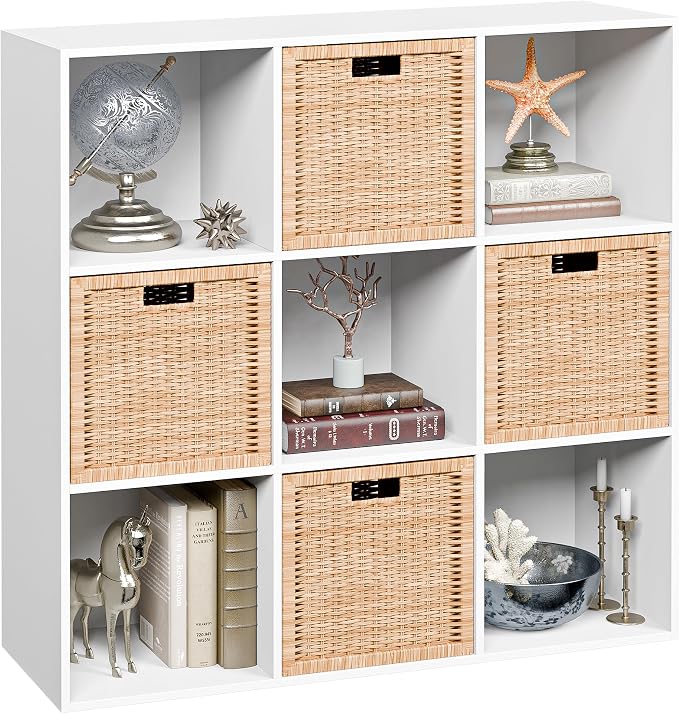 JupiterForce 9 Cube Storage Organizer, Wooden Cube Shelf W/ 5 Removable Back Panels, Customizable Cube Bookcase Bookshelf Freestanding Display Shelf for Home, Office, Bedroom and Living Room (White)