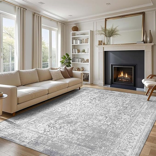 vivorug 6x9 Neutral Area Rugs, Stain Resistant Washable Rug for Living Room, Vintage-Inspired (Ivory/Silver, 6'x9')