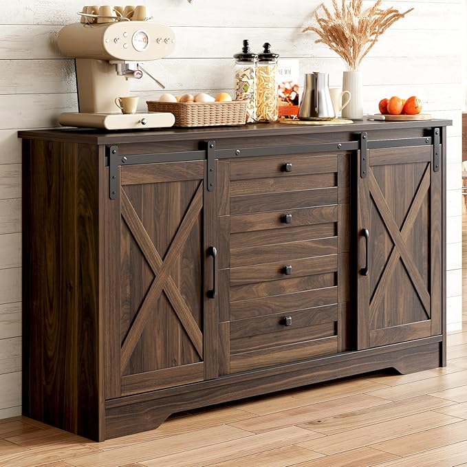 Luoxiao 55" Farmhouse Sideboard Buffet Cabinet with Storage, Sliding Barn Door Coffee Bar Cabinet with 4 Drawers and Adjustable Shelves, Wood Kitchen Credenza for Dining Room, Living Room, Dark Oak