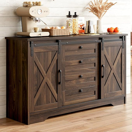 Luoxiao 55" Farmhouse Sideboard Buffet Cabinet with Storage, Sliding Barn Door Coffee Bar Cabinet with 4 Drawers and Adjustable Shelves, Wood Kitchen Credenza for Dining Room, Living Room, Dark Oak