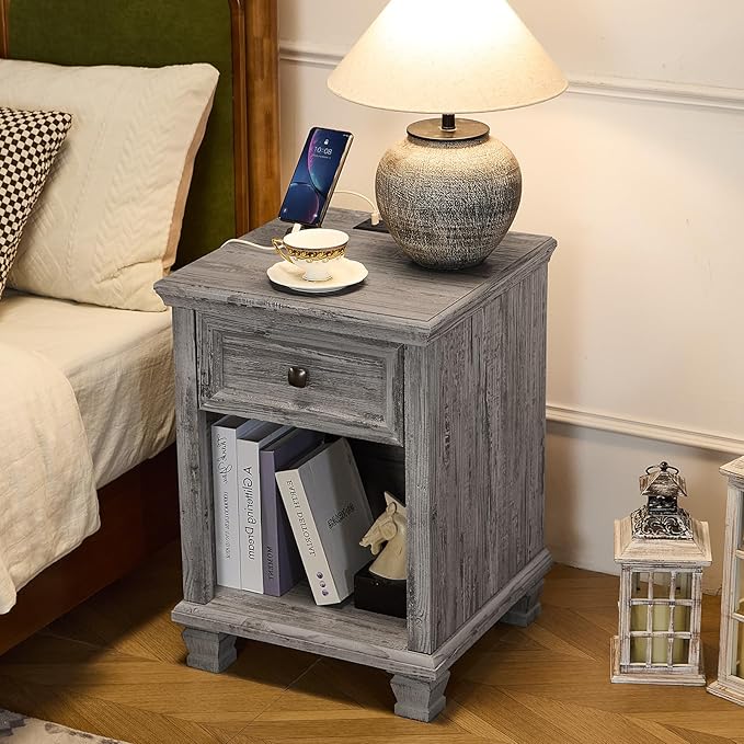 Farmhouse End Tables Living Room with Drawer, Rustic Wood Nightstand with Charging Station, Bedside Table with Open Shelf for Bed Room, Living Room, Grey
