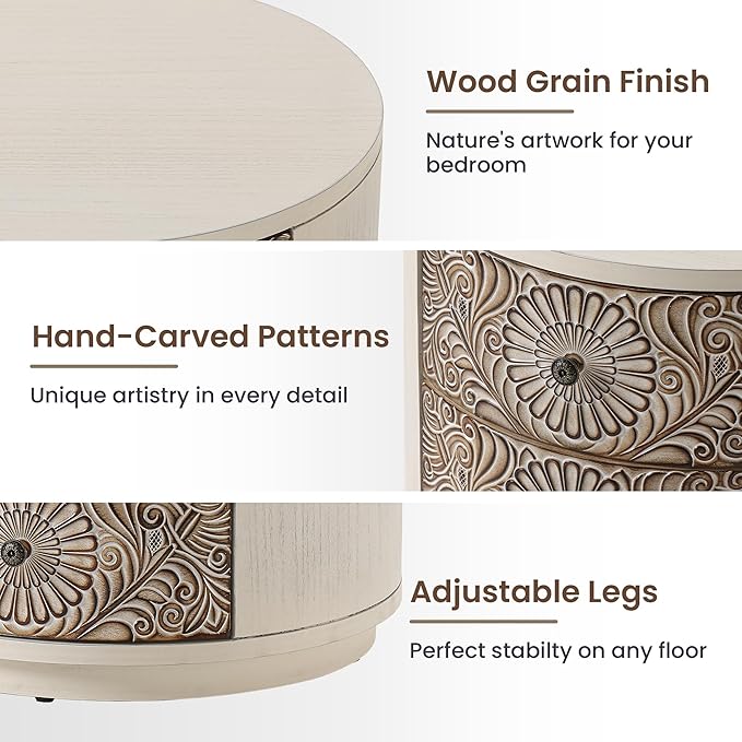 HOMPUS Round End Table Set 2, Fully Assembled Nightstand w 3 Storage Drawers, Farmhouse Wood Dresser Set of 2, Vintage Nightstand Bedside Tables, Aceent End Tables for Bedroom, Rustic White