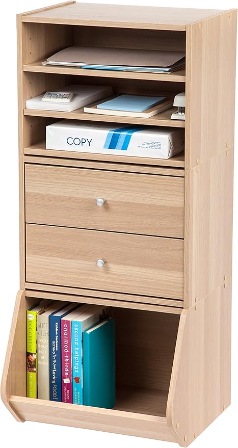 IRIS USA 3-Shelves Modular Wood Stackable Storage Box, Easy Assembly, Customizable, DIY Bookcase, Stacking Storage Organizers, Cube Storage, Cubby Storage System, Home Office Closet, Light Brown