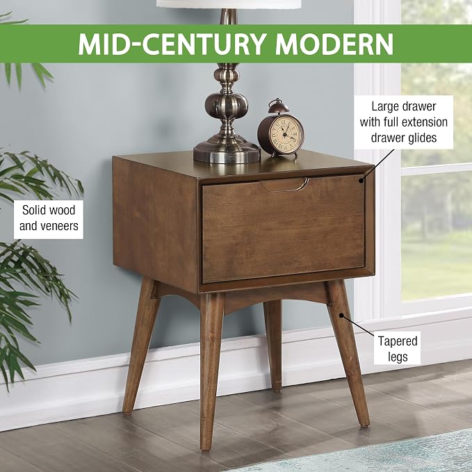OSP Home Furnishings Copenhagen Mid-Century Modern Accent Table, Large Storage Drawer, Tapered Legs, Walnut Finish