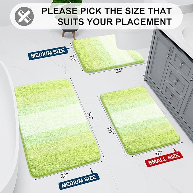 Arotive Microfiber Bathroom Rugs, Shaggy Soft and Absorbent Contour Toilet Rugs, Non-Slip, Thick Plush Machine Washable Dry Bath Mats for Toilet Base, 24x16, Light Green, Rectangular