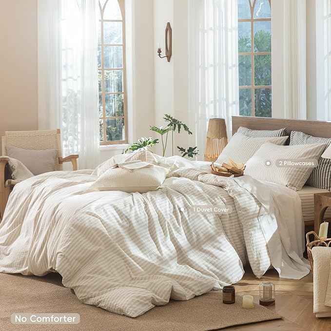 MooMee Striped Duvet Cover Set 100% Washed Cotton Linen Like Textured Breathable Durable Soft Comfy (Almond Milk Grey Classic Stripes, King 104"x90")