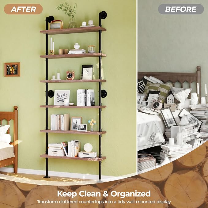 6 Tier Industrial Ladder Shelf Bookcase, Wall Mounted Rustic Bookshelf for Living Room Decor and Storage (Weathered Brown, 6 Tier - 10" D x 36" W x 82.5" H)