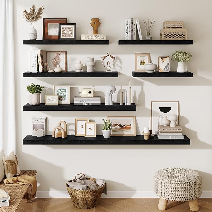 Fun Memories 10 Inch Deep Shelves, Floating Shelves for Wall 48 Inches Long, Wood Floating Shelves for Wall, Large Storage Shelves Wall Mount for Living Room Bedroom, Black, Set of 1