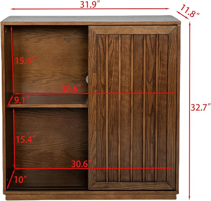 LKTART Mid Century Modern Sideboard Buffet Cabinet with 2 Fluted Sliding Door,Small Storage Cabinet with Outlet Holes for Living Room, Kitchen, Entryway, Hallway 32" Walnut