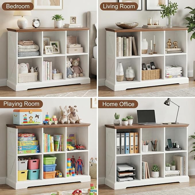 IRONCK 6 Cube Storage Organizer, Wooden Cube Shelf with Storage, Farmhouse Bookcase for Bedroom, Living Room and Home Office, White