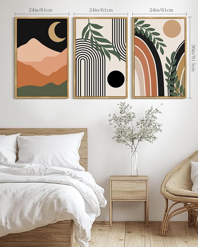 Drsoum Boho Wall Art Framed Bohemian Plant Wall Decor Abstract Geometry Artwork Hallway Living Room Prints Ready to Hang 24x36in Natural Framed