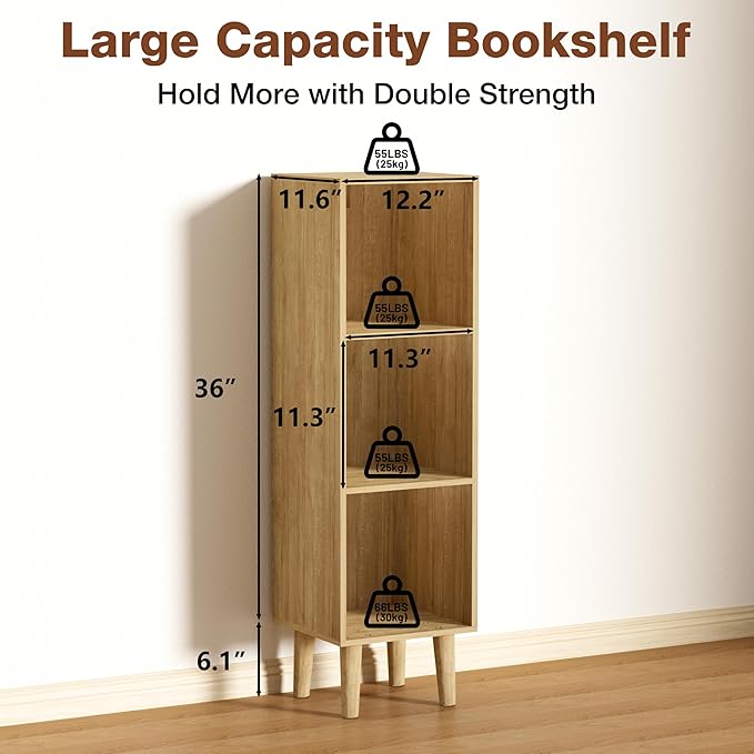 3 Cube Bookcase, Wooden Book Shelf Cube Storage Organizer with Legs, 3 Tier Bookshelf Freestanding Open Shelves for Bedroom, Living Room, Home Office (Oak, 3 Cube)