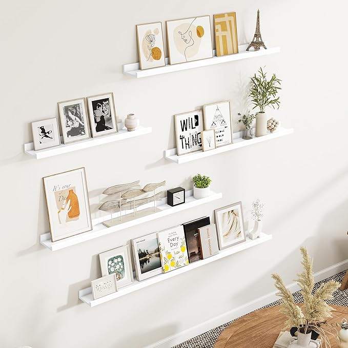 Fun Memories Picture Ledge Shelf, White Floating Shelves Set of 4, 40 Inch Picture Shelves for Wall with Ledge, Large Nursery Book Shelf for Toys Storage, Living Room, Bedroom Decor Frames