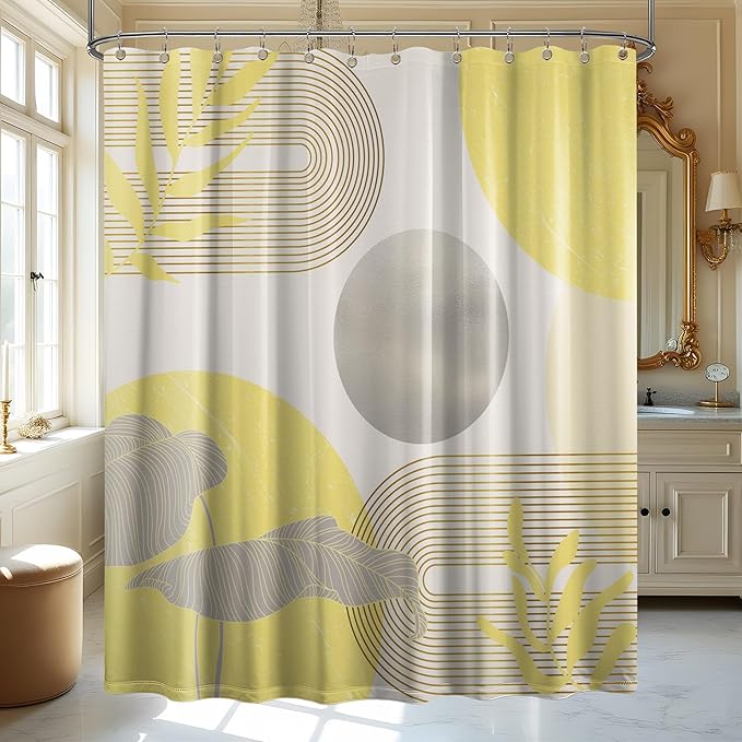 Mustard Yellow and Grey Shower Curtain Light Yellow and Gray White Shower Curtains for Bathroom Decor Abstract MCM Bath Curtain Set, Waterproof Fabric with Hooks 70 x 84 Inch