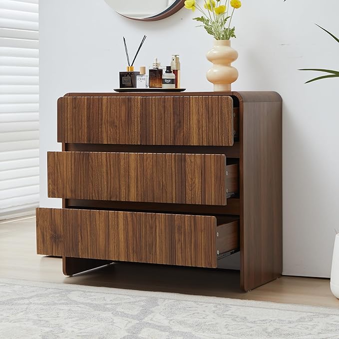 Fluted 3 Drawer Dresser for Bedroom,Mid Century Modern Wide Chest of Drawer,Curved Edge Wood Closet Dresser Nightstand for Bedroom Living Room Hallways (Walnut, Wide 3 Drawer)