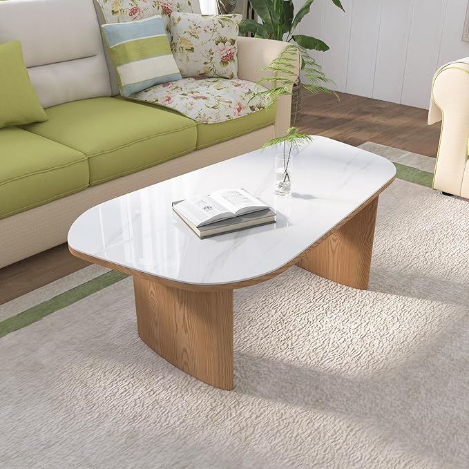 Luxury Marble Coffee Table, Premium Sintered Stone Top, Natural Wood Look Base, Modern Design Stone Cocktail Table, Marble Top Coffee Table for Living Room, Sculptural Contemporary Center Table