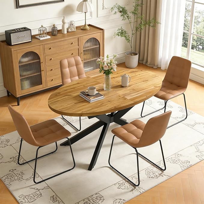 63"-78.7" Extendable Round Dining Table Set for 4, 5 Piece Mid Century Modern Oval Kitchen Table Set, Large Dining Table with 4 Dining Chairs for Living Room Space Saving（Walnut Table+4 Brown Chairs)