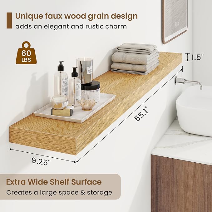 55in Floating Shelves for Wall, 55"W x 9.25"D x 1.5"H, Long Wall Mounted Engineered Wood Shelves with Invisible Brackets for Living Room, Bedroom, Bathroom, Kitchen Decor and Storage, Oak