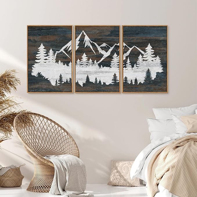 Rantodecor Vintage Mountain Framed Canvas Wall Art, White Snowy Nature Landscape Wall Decor, Rustic Wilderness Forest Art Paintings, Modern Farmhouse Artwork for Bedroom Living Room Office 16"x24"x3