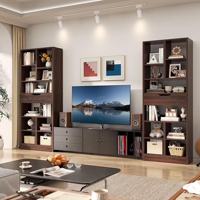 Armocity 16-Tier Tall Bookshelf Set of 2, 73.6" Narrow Freestanding Bookcase with 2 Drawers, Space-Saving Wood Display Shelves Storage for Living Room, Home Office Bedroom, Black Walnut
