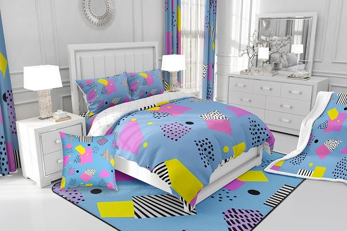 Memphis Geometric Pattern Comforter Cover Set King Size,Retro Style Round Half Moon Triangle Shapes Artwork Duvet Cover Colorful Graphic 80s 90S Style Bedding Set Abstract 1990S Memphis Home Decor