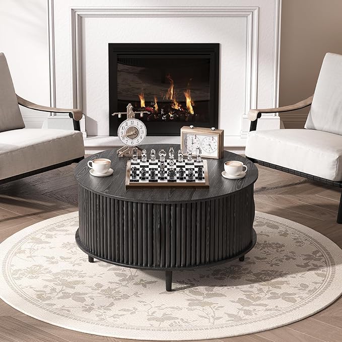 Round Coffee Table with Storage, 31.5" Black Wood Drum Table, Fluted Circle Center Table for Living Room, Modern Mid Century Furniture with Sliding Door
