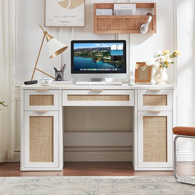 LEYAOYAO Office Desk 56" with 5 Drawers Storage File Cabinet Rattan Wood Desk for Computer Office Bedroom Home Furniture White