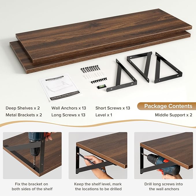 Deep Floating Shelves Wall Mounted, 36"x12" Walnut Wall Shelves with Brackets Set of 2 for Bedroom, Living Room, Bathroom, Kitchen, Office - Storage & Display Shelf for Decor, Books, Plants
