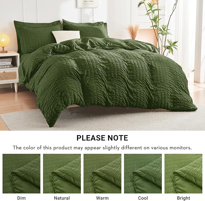 HYMOKEGE Olive Green Queen Comforter Set Seersucker 7 Pieces, All Season Luxury Bed in a Bag Queen for Bedroom, Bedding Set with Comforter, Sheets, Pillowcases & Shams