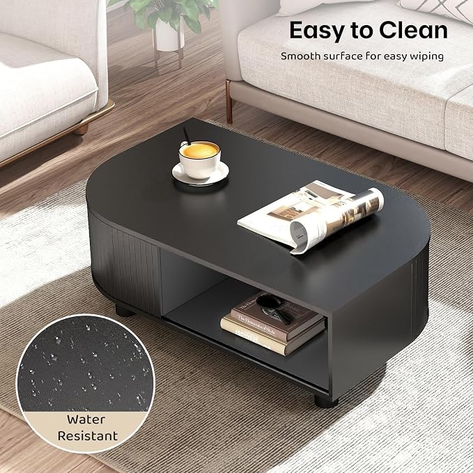 Modern 39.4" Coffee Table with Storage- Leaf-Shaped Wood Center Table with Storage, Retro Fluted Central Table with Sliding Door for Living Room, Office, Black