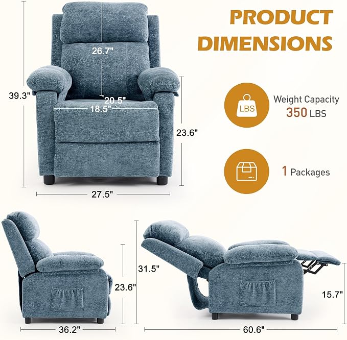 Korser Recliner Chair, Living Room Chairs for Adults, Padded Deep Seat Reading Chair with Side Pockets, Small Recliners for Small Spaces, Lounge Chair for Living Room, Bedroom, and RV (Chenille)