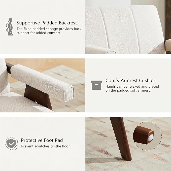 AODAILIHB Mid Century Modern Accent Chair Set of 2, Solid Wood Frame White Linen Armchairs, Modern Reading & Living Room Chairs for Office Guest & Waiting Room