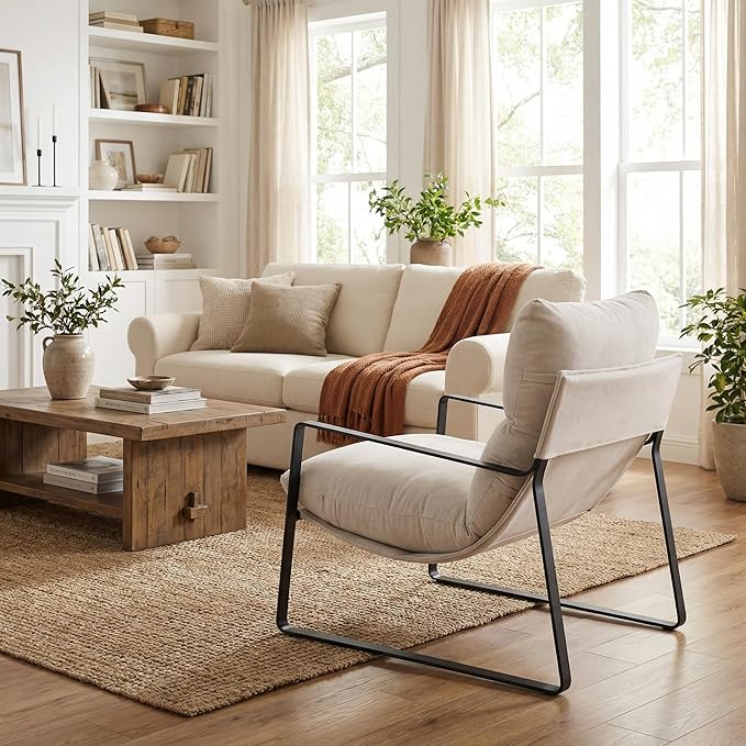 LukeAlon Modern Linen Accent Armchair, Upholstered Soft Living Room Chair with Metal Base Removable Thickened Cushion Single Sofa Chair Comfy Lounge Chair for Bedroom Living Room, White
