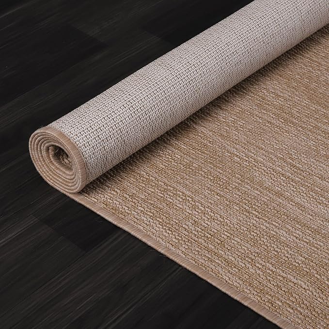 Washable Indoor Outdoor Rug 10x14 Weather Resistant Area Rugs Modern Solid Jute Rug for Porch Deck Balcony Backyard Patio Outside Carpet (10 X 14 Jute Beige)
