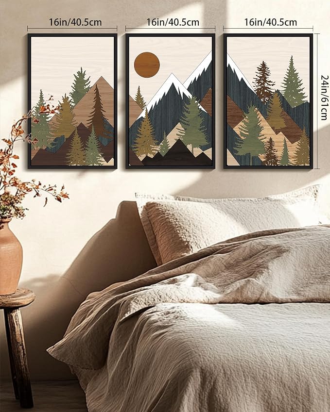KUVIOKE Morden Mountains Framed Wall Art Boho Pine Tree Forest Nature Landscape Artwork Bohemain Farmhouse Rustic Bedroom Living Room Decor 16x24in (Black Framed)