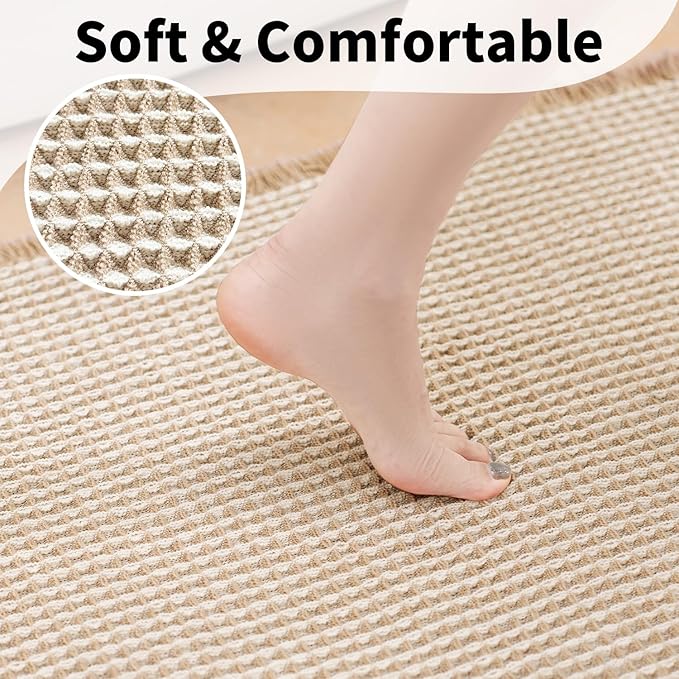 Waffle Bath Mat - Boho Bathroom Rugs Non Slip Washable, Super Absorbent & Quick Dry, Soft Bath Mat Farmhouse Bathroom Decor, 20'' x 48'', Khaki and White