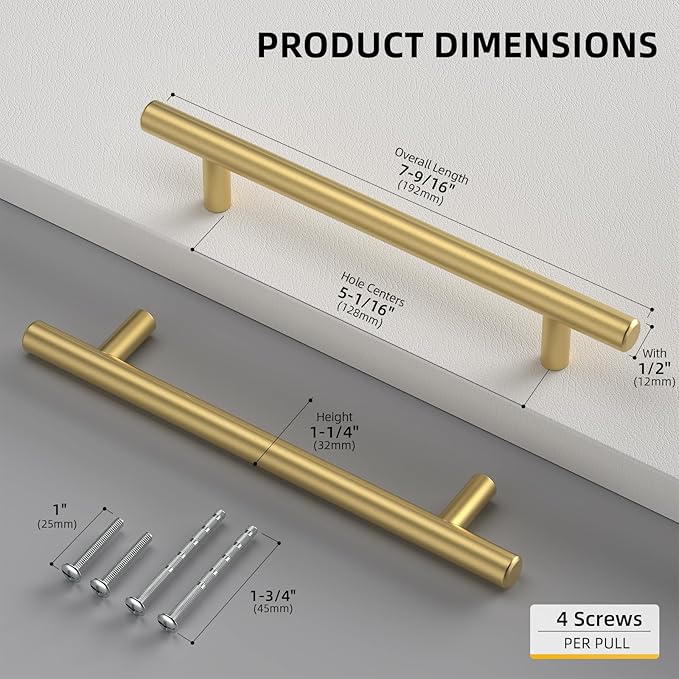 Goldenwarm Kitchen Cabinet Pulls Brushed Brass Drawer Pulls Gold 5in Cabinet Handles Modern Hardware for Kitchen Cupboard Bedroom Drawer Bathroom Furniture Door, 10Pack
