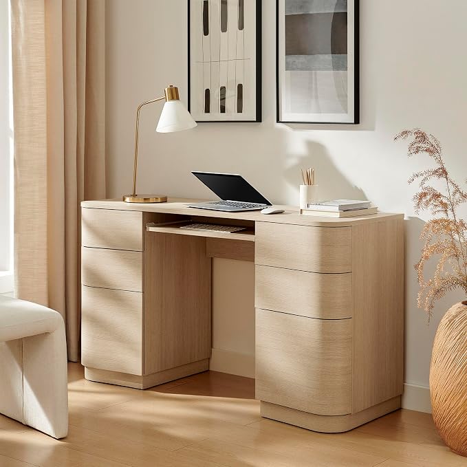 Modway Mirae 55 Inch Computer Desk with Drawers in Brushed Light Oak – Modern Compact Office Desk with Keyboard Tray, Curved Edges, and 6 Storage Drawers for Bedroom, Dorm Room, or Vanity Setup