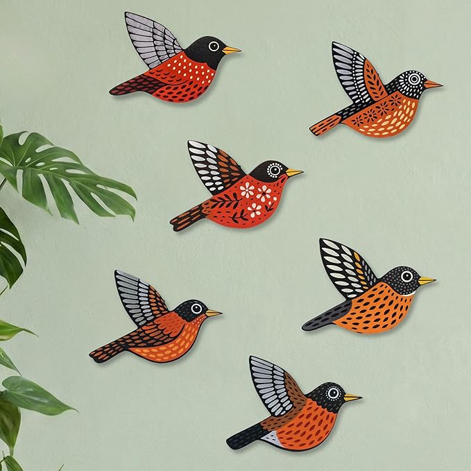 ARTINRENAISS Wooden Flying Birds Wall Decor, Scandinavian Rustic Wall Art Set Housewarming Gifts, 6 Pack Boho Birds Hanging Sign for Living Room, Bedroom, Kitchen