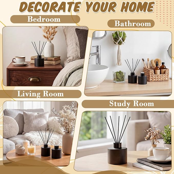 Chunful 2 Sets Black Reed Diffuser Bottle Empty Refillable Fragrance Glass Diffuser Bottles 100ml Round Glass Jars with Black Caps & Rattan Sticks for Living Room Home Replacement Fragrance DIY