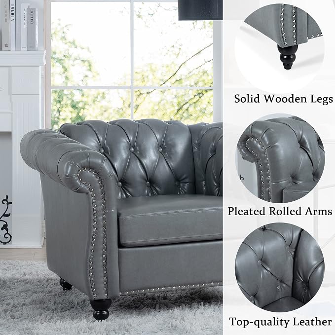 Yoglad Faux Leather Accent Chair, Retro Style Armchair with Rolled Arms, Comfy Single Sofa with Wood Legs and Nailhead for Living Room, Bedroom, Apartment (Grey, 39")
