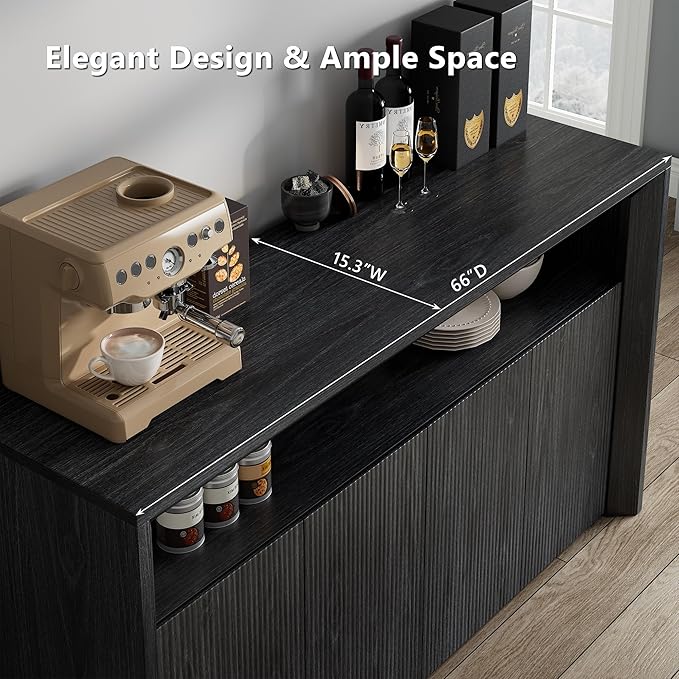 66.2" Buffet Cabinet with Storage and led Lights,Modern Sideboard Cabinet with 4 Doors & Shelves,Fluted Media Console Mid Century Coffee Bar Table for Living Room Kitchen Dining Room Hallway,Dark Grey