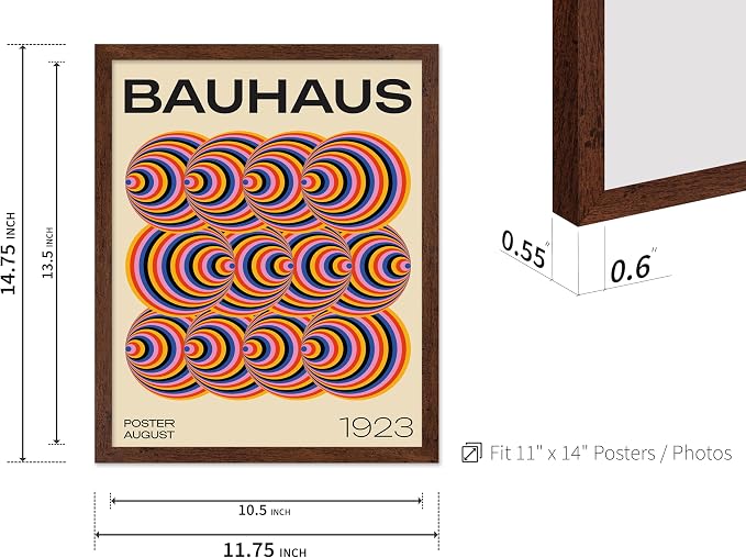 Poster Master Bauhaus Poster - Abstract Spiral Print - Geometric ART - Rainbow ART - Psychedelic Style - Chic Boho - Mid Century Modern - Living Room or Bedroom Decor - 11x14 Brown Framed