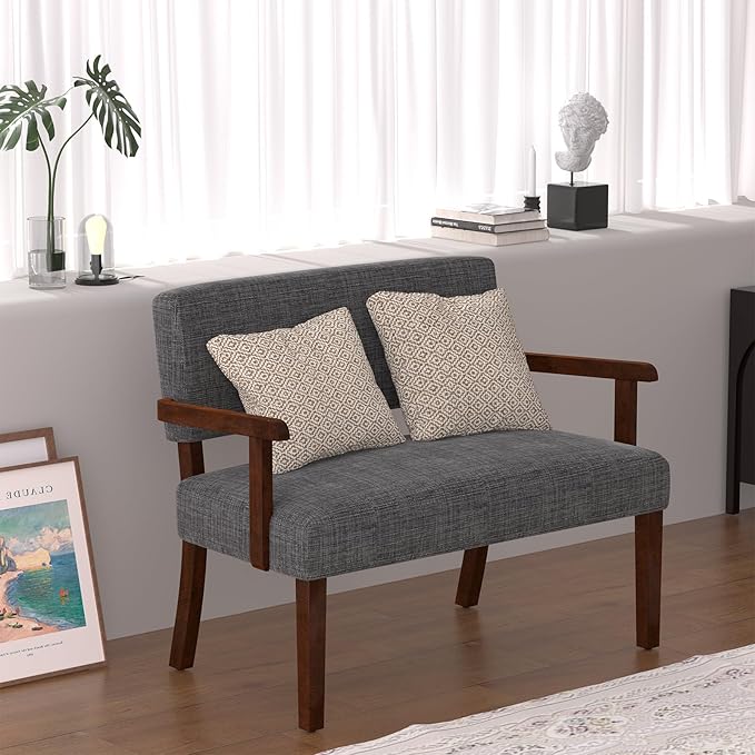 Accent Chair 2 Seat, Upholstered Reading Leisure Chair, Bench with Solid Wood Frame for Dining, Reading, and Waiting Rooms (Gray)