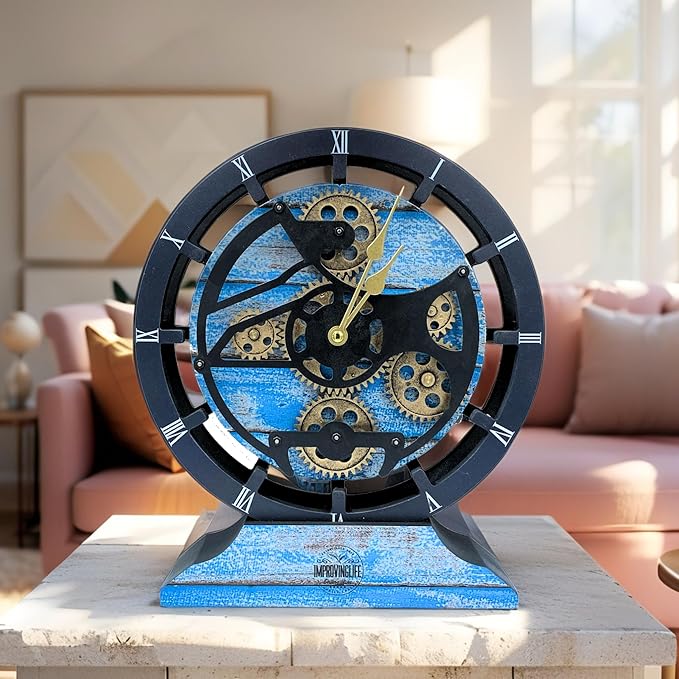 ImprovingLife The Gears Clock Desk Clock 10 inches with Real Moving Gears Convertible into Wall Clock (Ocean Blue)