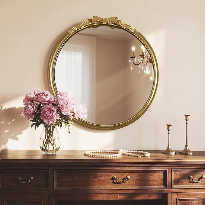 Vintage Gold Round Bow Mirror 28" – Decorative Metal Frame Circle Mirror with Beaded & Beveled Design, Antique Baroque Wall Mirror for Living Room, Bedroom, Bathroom, Entryway