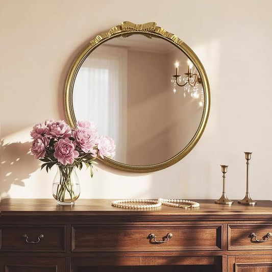Vintage Gold Round Bow Mirror 28" – Decorative Metal Frame Circle Mirror with Beaded & Beveled Design, Antique Baroque Wall Mirror for Living Room, Bedroom, Bathroom, Entryway
