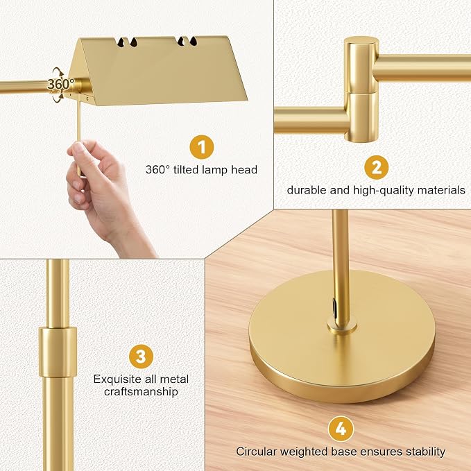 Pharmacy Floor Lamp - Full Range Dimming, Swing Arm Task Lamp, Adjustable Height 47” to 55”, 360° Rotatable Shade, All-Metal Design, Antique Brass
