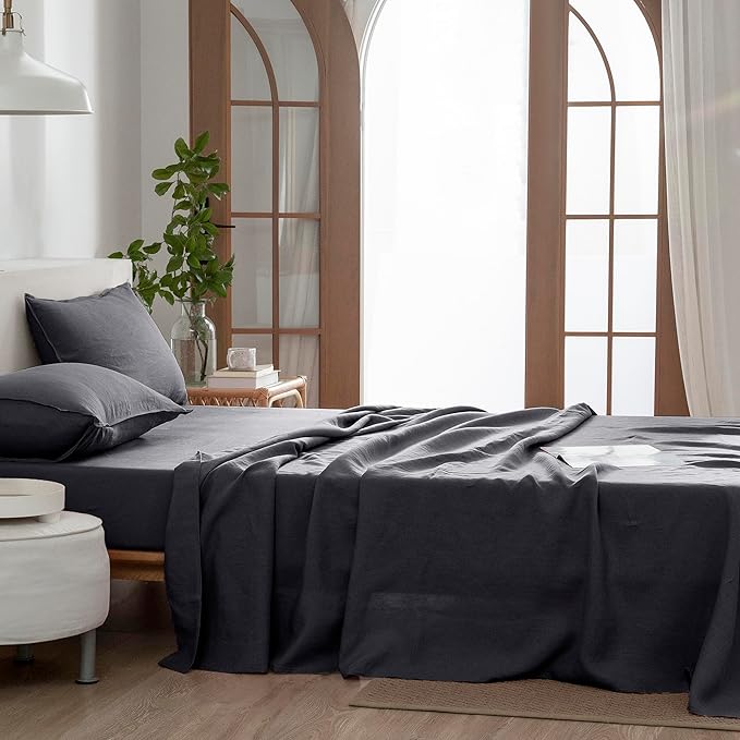 EVERLY Linen Sheets Set Full Size,100% French Stonewash Pure Linen Bed Sheets,4Pieces (1Flat Sheet,1Fitted Sheet,2Pillowcase) Suitable for Hot Sleepers,Deep Pocket Natural Bedding Set-Dark Grey
