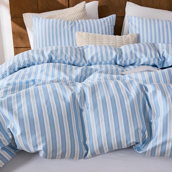 Merryword Blue and White Striped Duvet Cover Set Queen Size, 100% Cotton Linen Like Textured Bedding with Classic Vertical Stripes, Soft Lightweight Reversible Comforter Cover for All Seasons